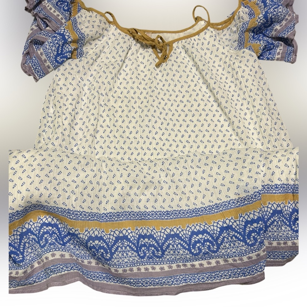 Free People Cream and Blue Smocked Tie Front Dress